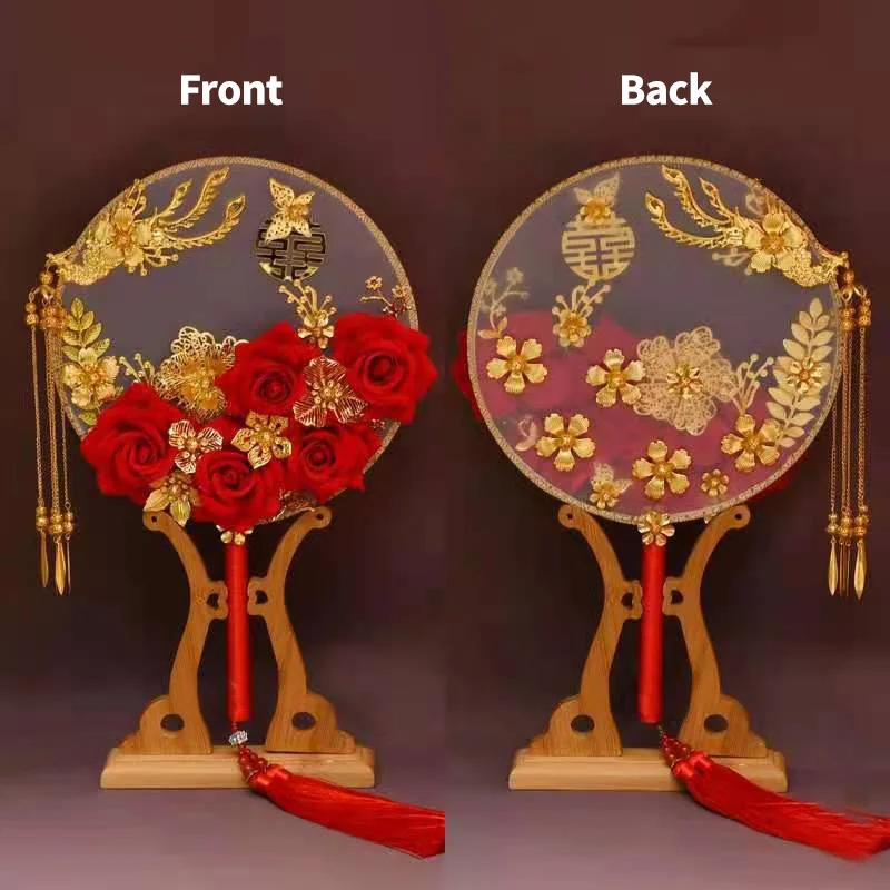 Chinese Style Wedding Dress Bridal Hand Fans Handmade Luxurious Phoenix Flower Round Xi Fans Red/Gold Xiuhe Hanfu Photo Props
