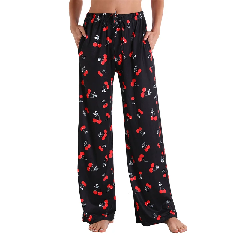 Women's Cotton Straight Tube Pajama Pants Home Casual Running Sports Pocket Elastic Pants Fashion Loose Strap Printed Trousers
