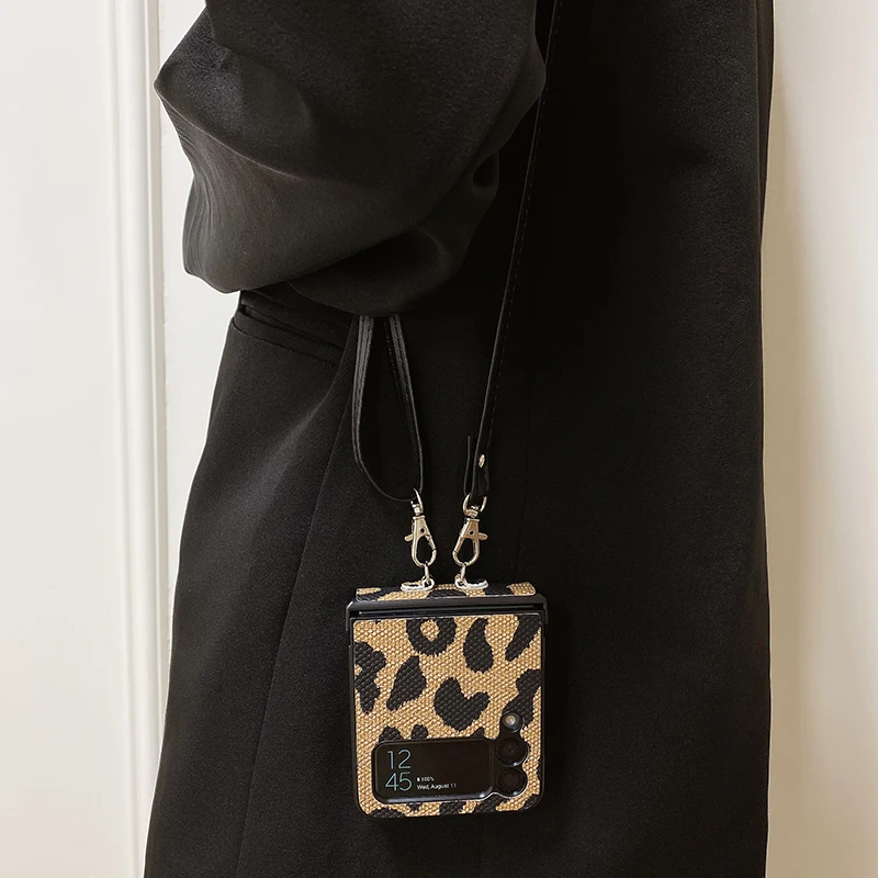 Leopard Print Crossbody Necklace Lanyard with Hard Case and Shoulder Strap