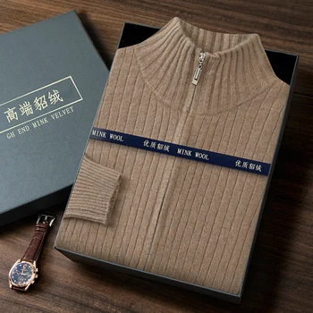 S-XXXL nuovo Cardigan lavorato a maglia da uomo 100% visone Cashmere maglione Business manica lunga maglione mezzo collo alto da uomo stile regolare 1