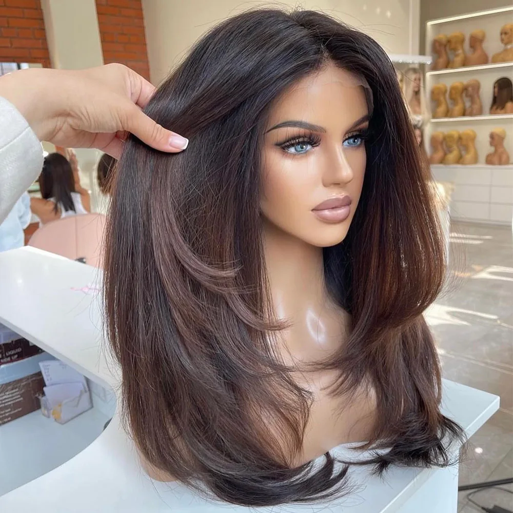Ombre Brown Straight Human Hair Wigs for Women 180 Density Lace Front Wig Pre Plucked Brazilian Hair Natural Lace Frontal Wig 3