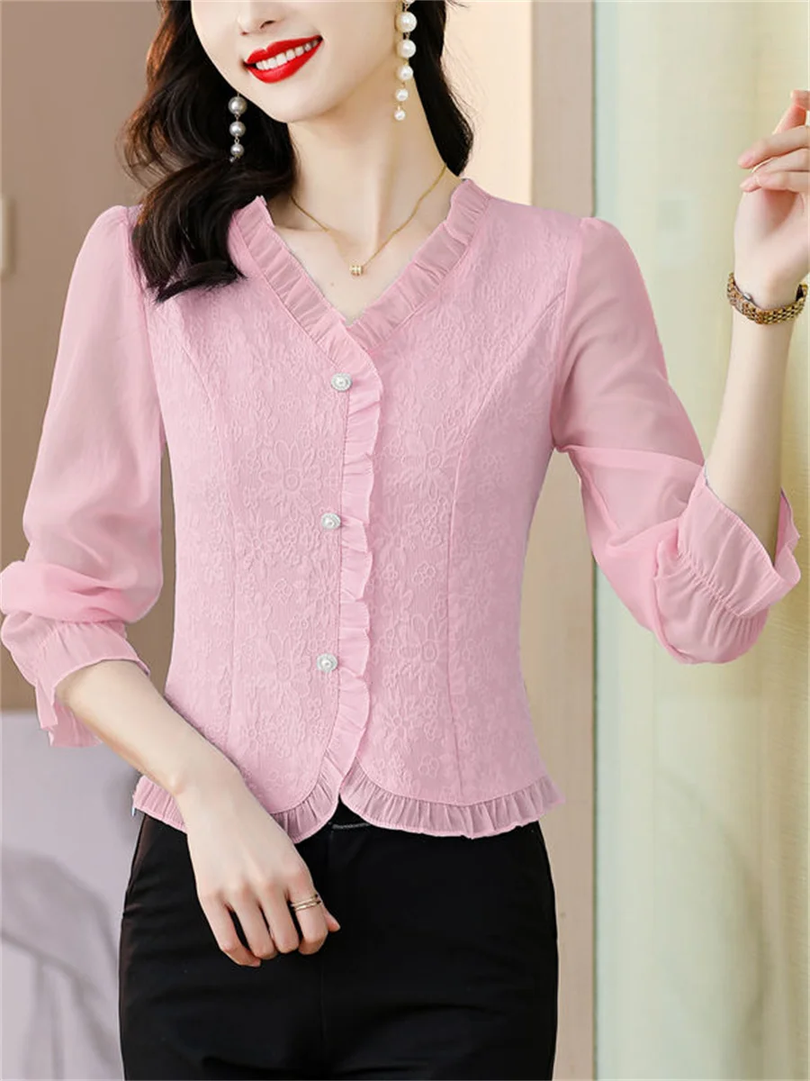 Woman Spring Autumn Style Blouses Shirts Lady Casual Long Sleeve V-Neck Solid Color Blusas Tops DF4615