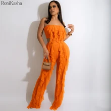 

Summer Ruffles Mesh Sheer Long Pants Set 2 Piece Women Crop Tops and Pleat Pants Juicy Fashion Trouser Suits
