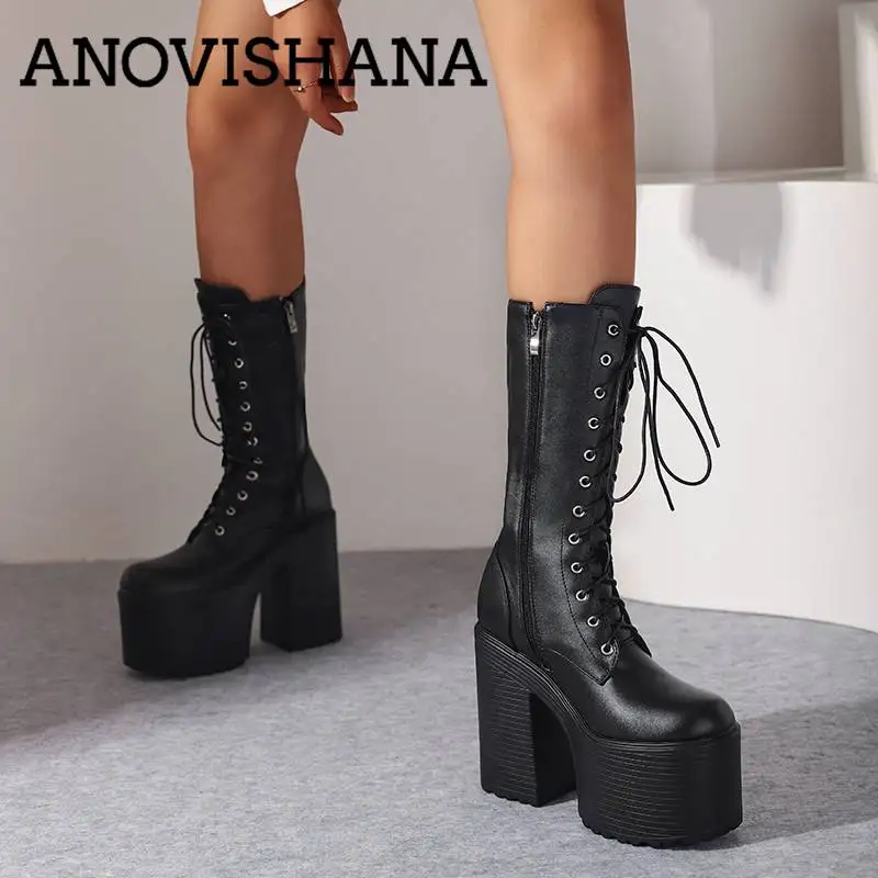 ANOVISHANA Ladies Mid Calf Boots 27cm Round Toe Platform Hill 8cm Chunky Heel 14cm Zipper Lace Up Belt Buckles Big Size 43