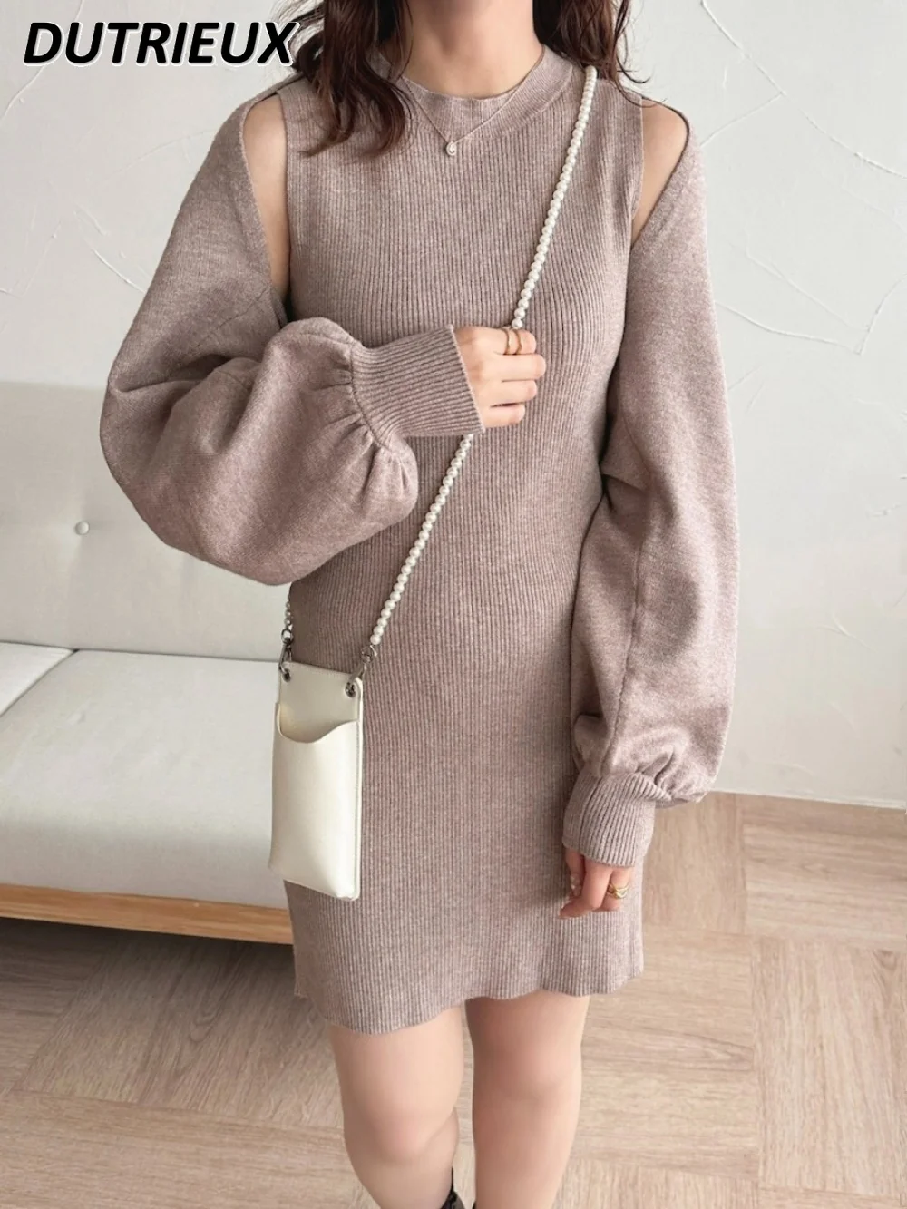 

Japanese Style Knitted Dress Solid Color Soft Knitted Coat and Vest Dress Cardigan Shawl Elegant Two-Piece Set Set for Women