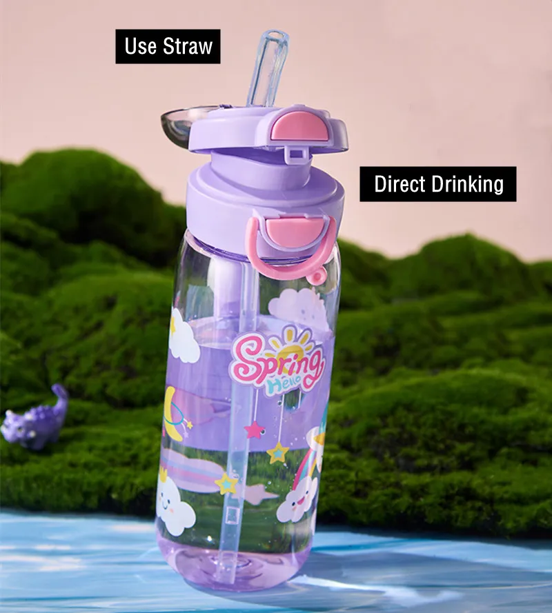 600ml High Quality Cartoon Plastic Water Bottle With Straw BPA Free Leak-Proof Durable Unbreakable Kids Drinking Bottle