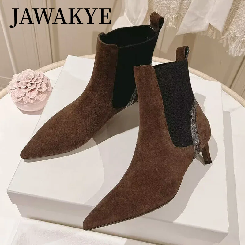 

Popular Brand Autumn Suede Boots Pointy Toe Ankle Boots Modern Women's Boots Catwalk Kitten Heels Shoes for Women Dress Shoes
