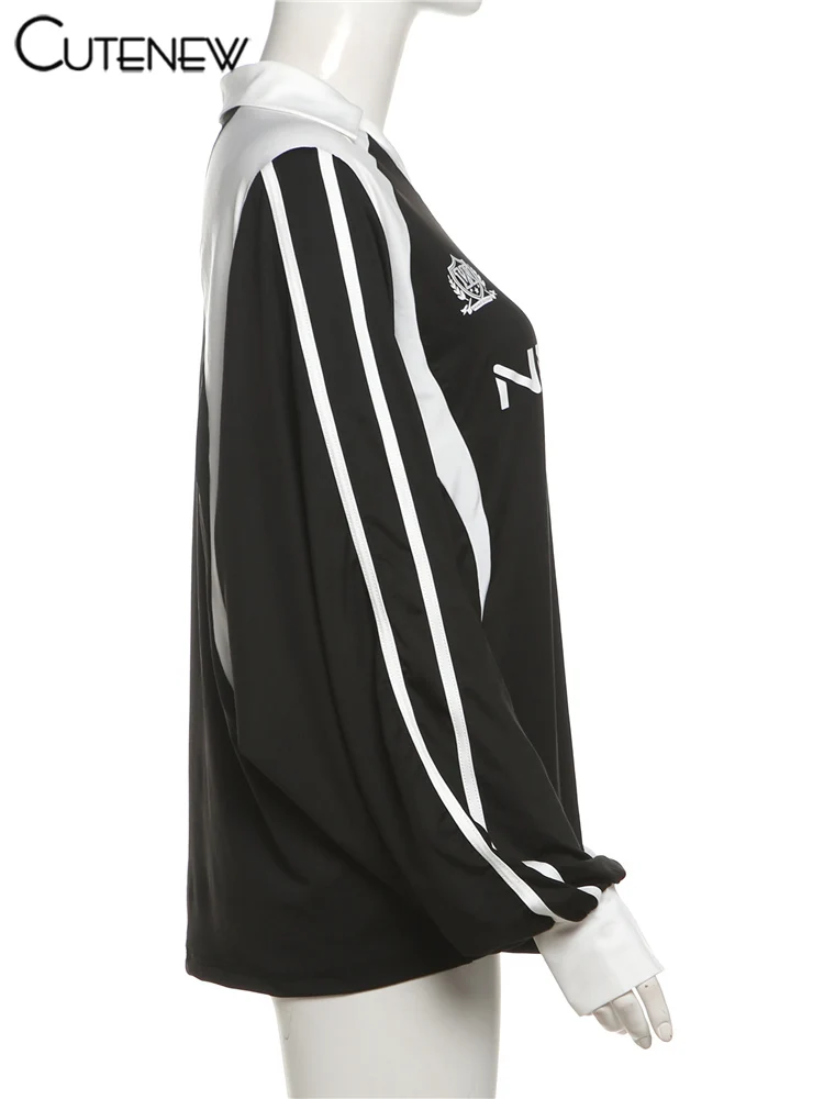 Casual Women Sweatshirts Panelled Letter Print Lapel Stripe Oversized Track Tops Female Basic Autumn New Streetwear Tees