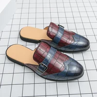 Fashion 2025 Mens Black Blue Brown Crocodile Pattern Leather Half Slippers Shoes Male Casual Mules Moccasins Breathable Loafers