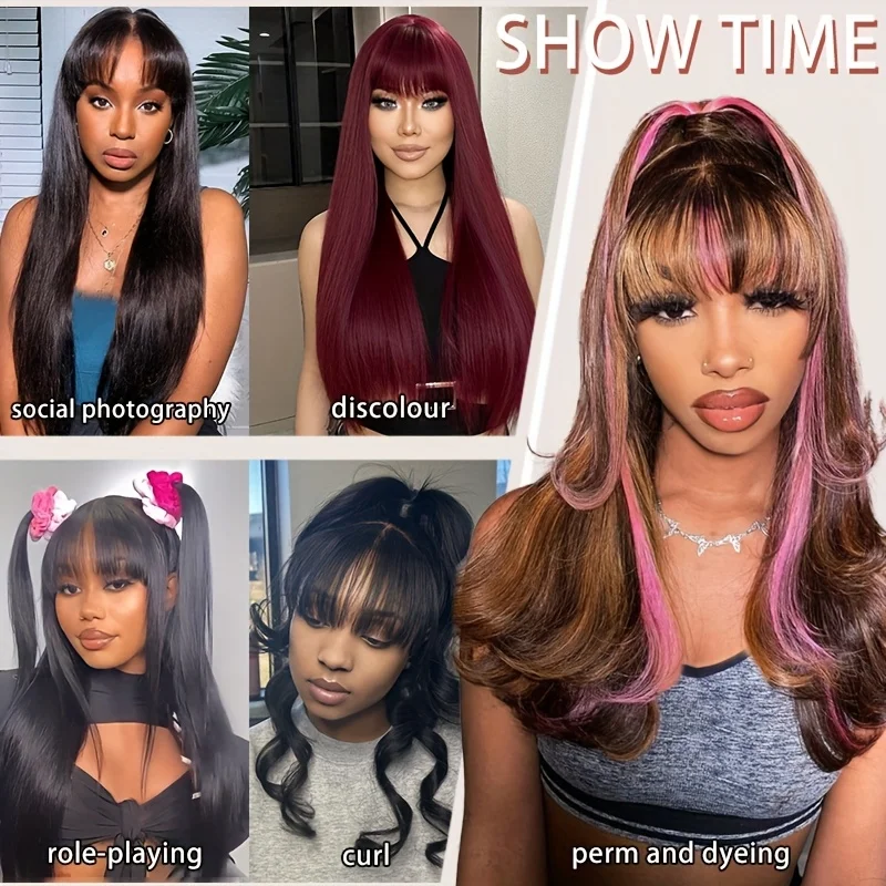 32 34인치 스트레이트 인모 가발 앞머리 포함 3x1 풀 머신 메이드 가발 200% 밀도 브라질리언 앞머리 가발 여성용 내추럴 블랙