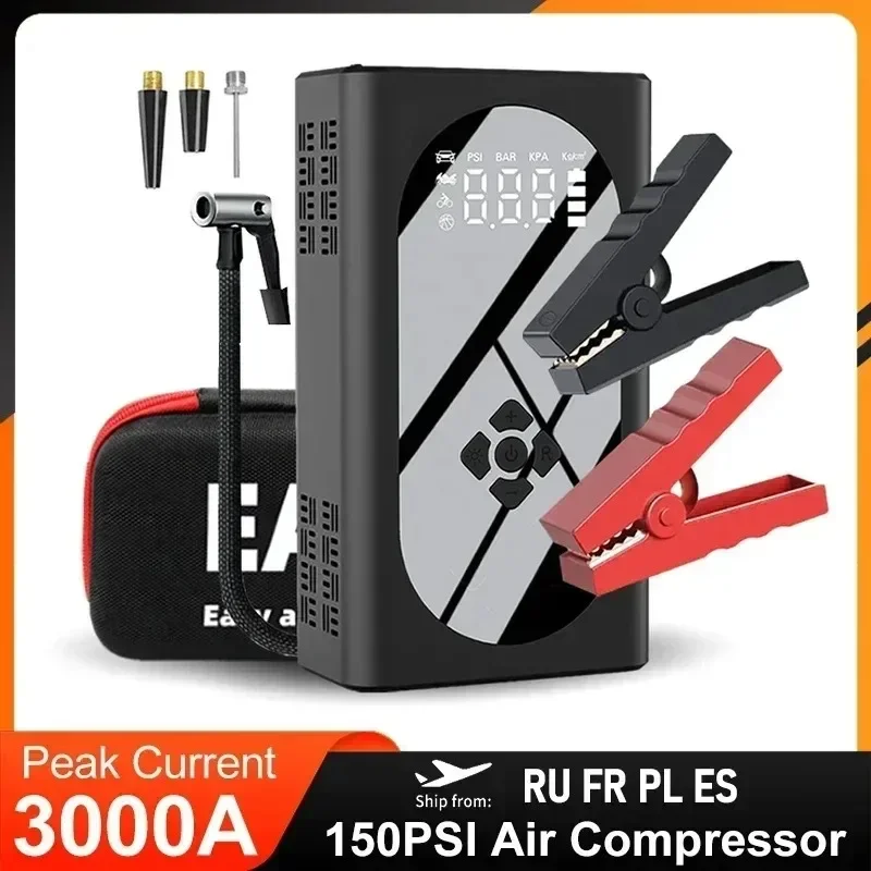 Car Jump Starter Jump Starter 4 In 1 3000A Car Jump Starter Power Bank 150PSI Auto Air Compressor Wireless Tire Pump Car Battery Booster Starting Device