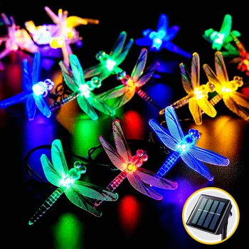 Solar Powered LED Dragonfly String Lights, Waterproof Fairy Garden Lamps for Outdoor Patio Yard Lawn Party Decoration