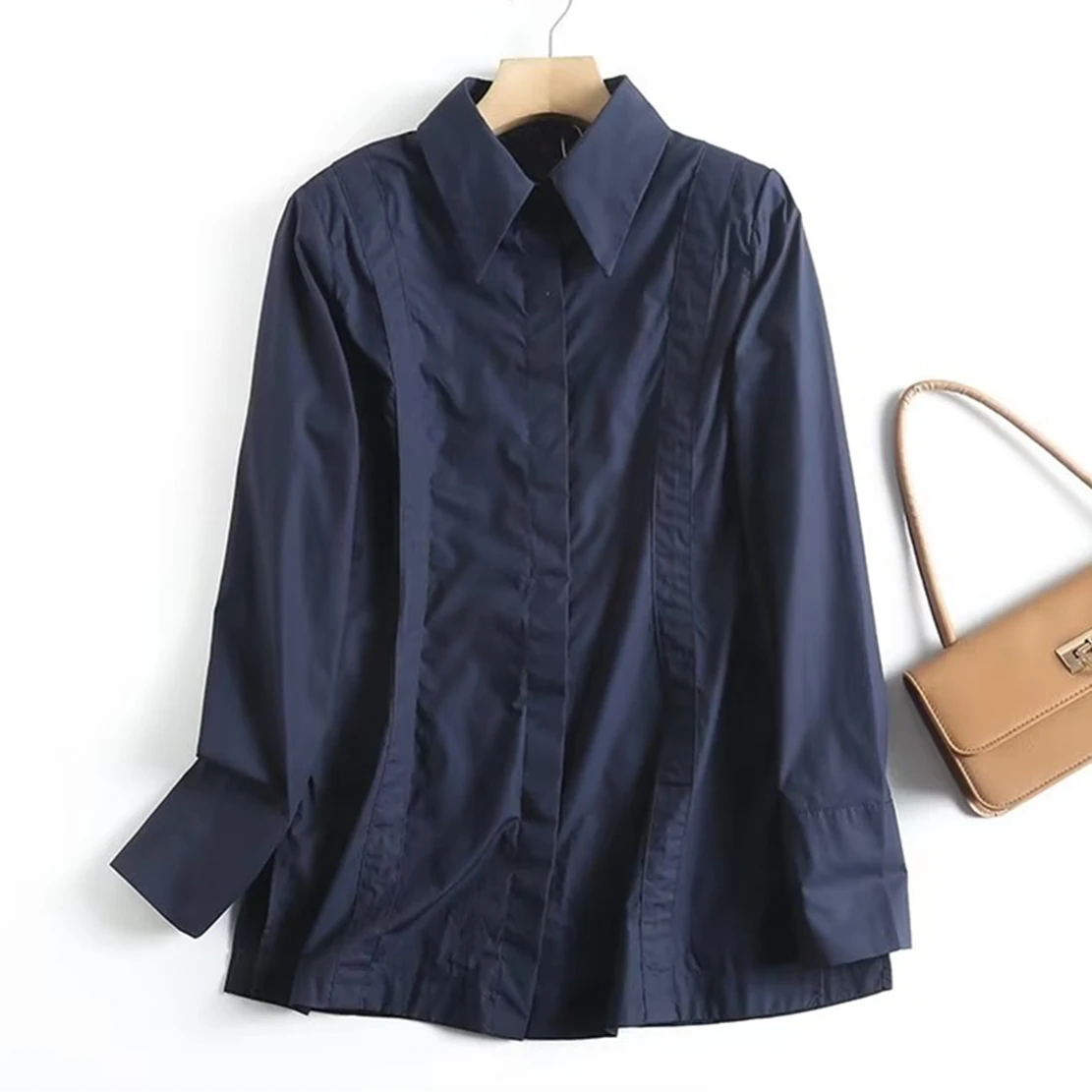 

Maxdutti Navy Cotton Casual Blouse Women Vintage Splicing Slim Shirt