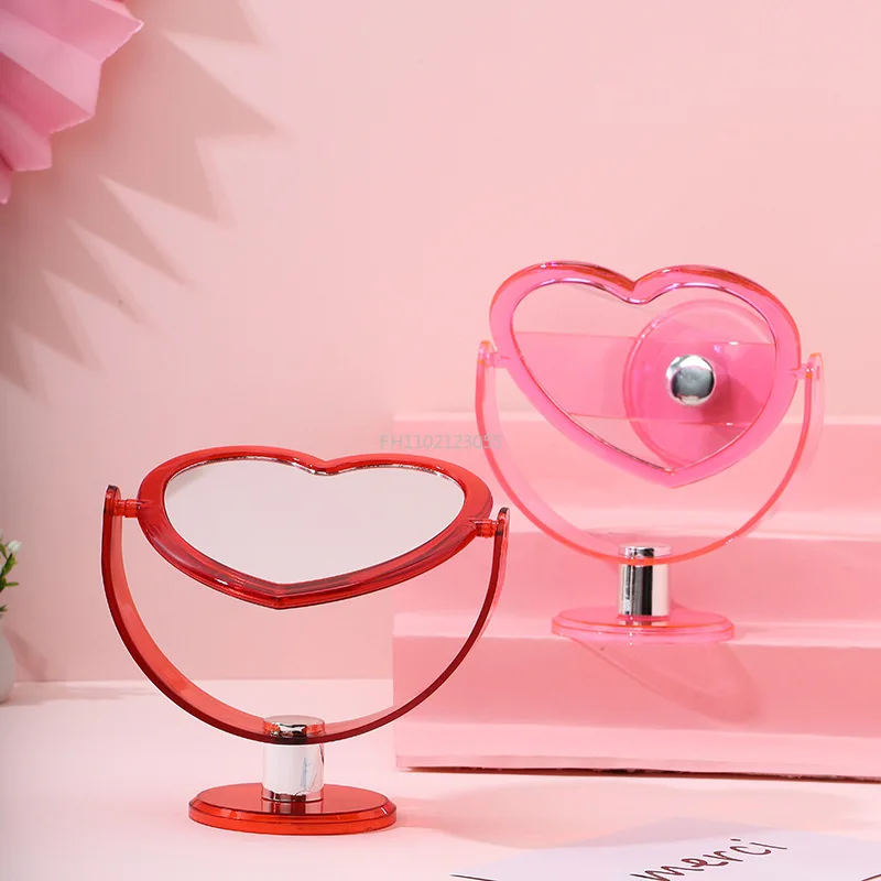 INS Korean Style Heart Shaped Cosmetic Mirror Acrylic Transparent Base Makeup Mirror Double Side Home Bedroom Desktop