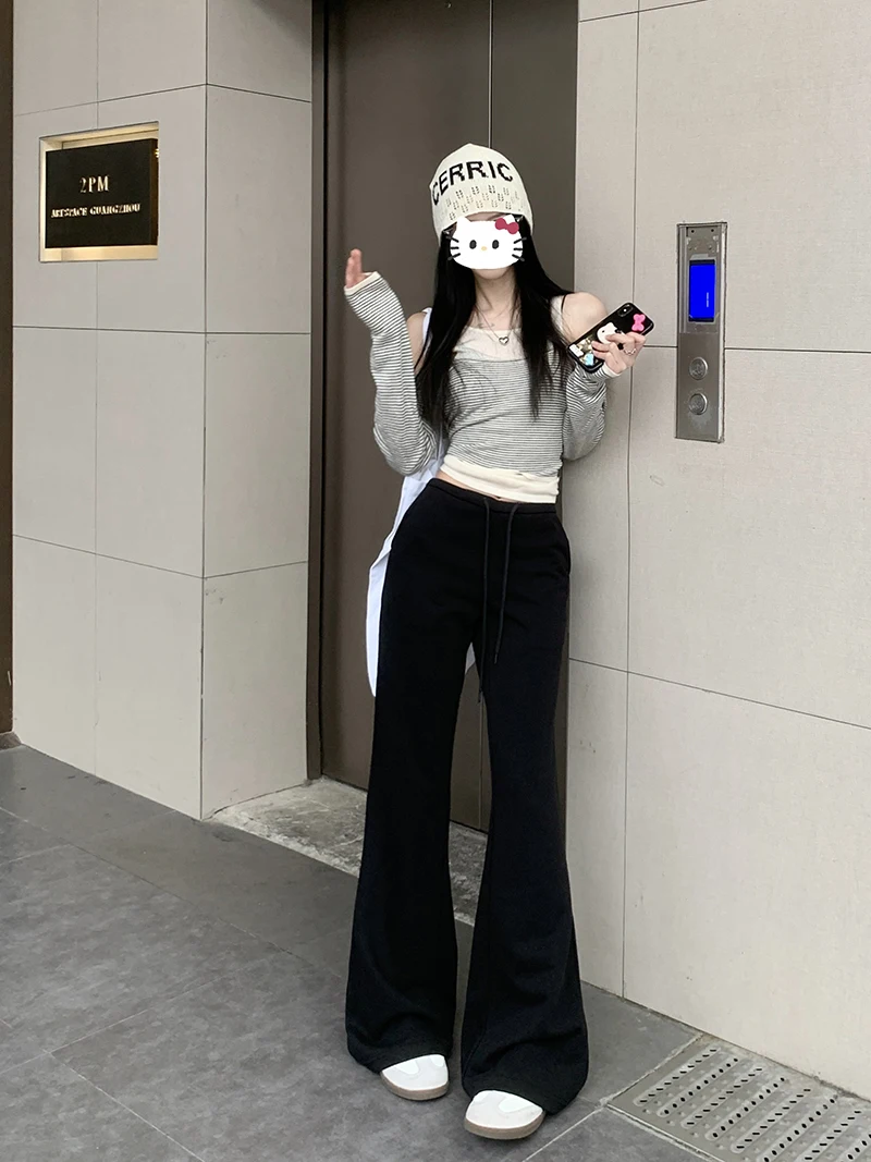 American Style Sports Drawstring Straight Leg Casual Pants For Women's Spring High Waisted Slimming Micro Flared Pants, Dark