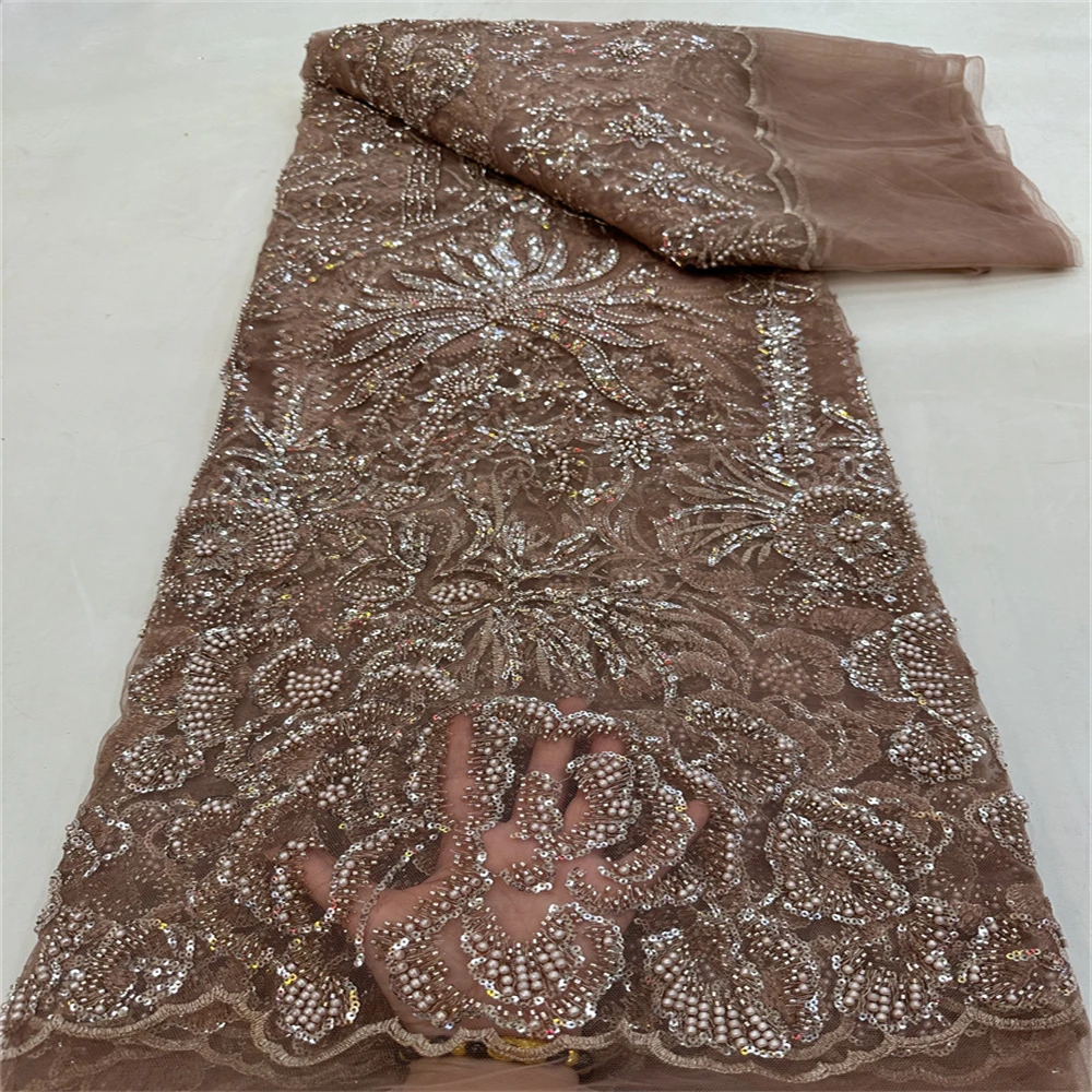 

Latest Luxury Elegant 2023 African Embroidery Bead Tube Lace Fabric Nigerian Sequins Lace Fabric For Wedding Party Dress RF440