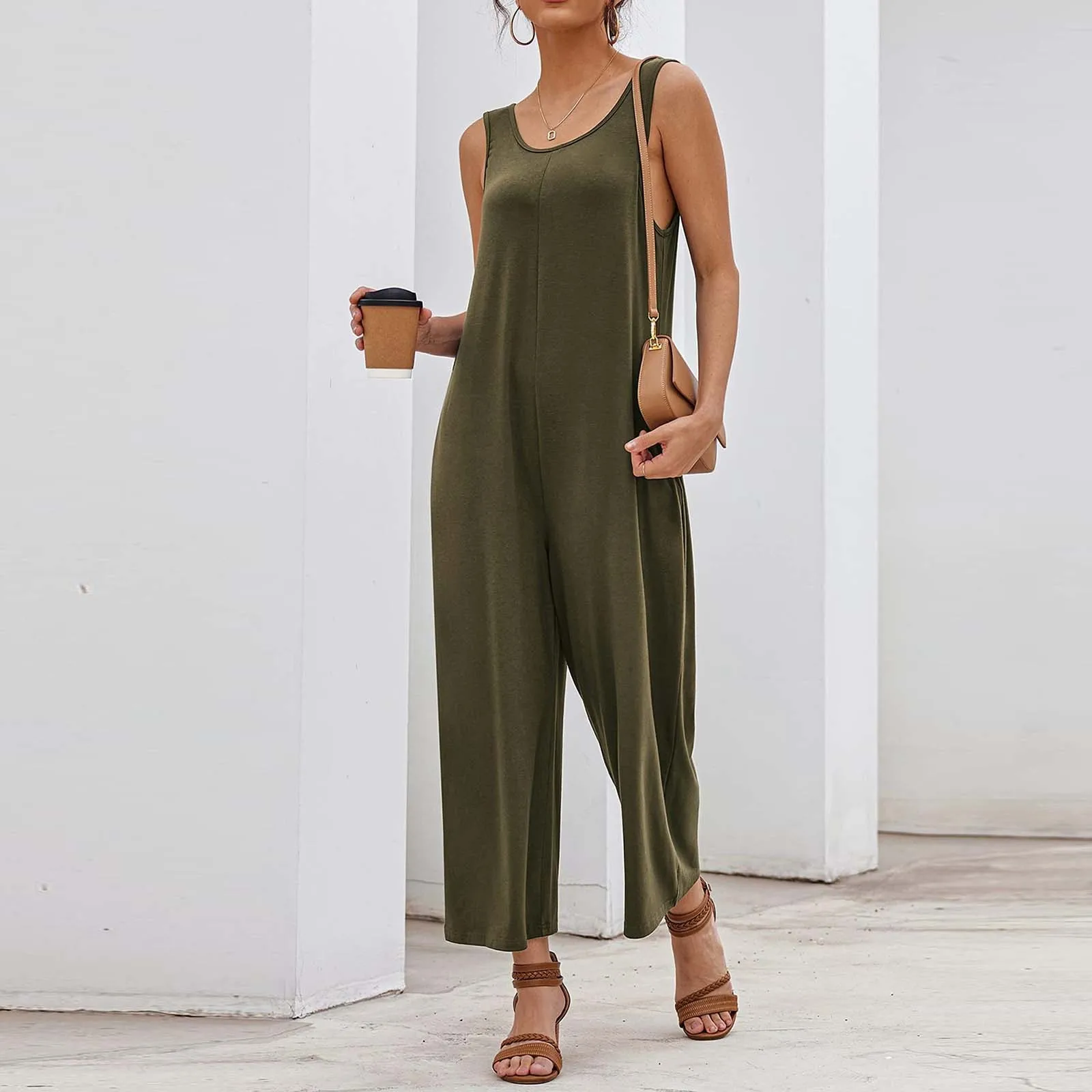 

Women's Jumpsuit V-Neck Loose Fit All-match Belt Design Strap Rompers Backless Sleeveless Playsuit Trousers Overalls Streetwear