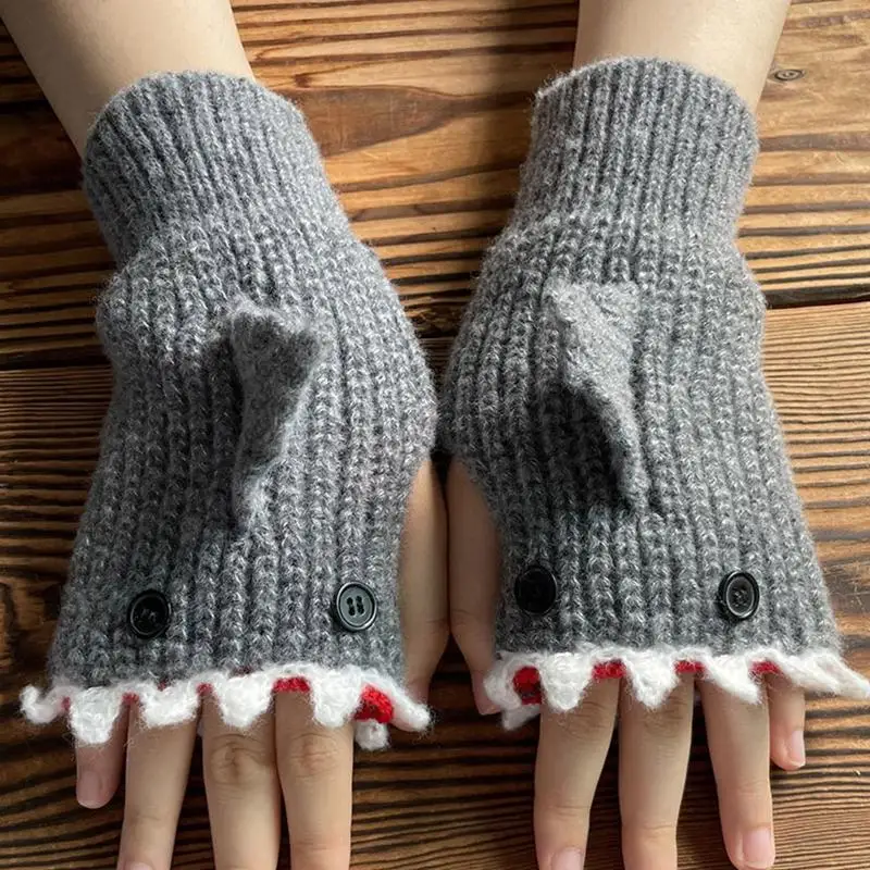 Knitted Gloves Winter Half Finger Mittens Stretchy Touchscreen Cartoon Shark Gloves for Kids Teens Christmas Presents