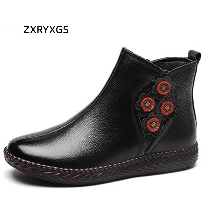 

ZXRYXGS 2022 New Classic Flowers Genuine Leather Boots Winter Warm Shoes Flat Comfort Non-slip Ankle Boots Women Fashion Boots