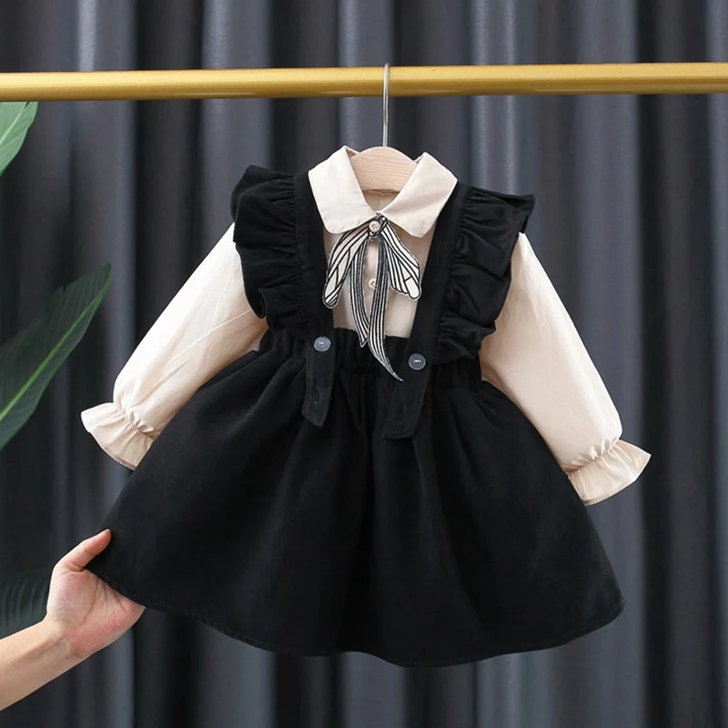 

2023 new sweet girl princess dress set baby children autumn long-sleeved top+ruffle overall vest set girl party gift
