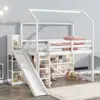 Kids Twin House Loft Bed with Slide Storage Shelves and LED Light Wood Low Loft Bed Guardrail Ladder Playhouse Creative Design 1
