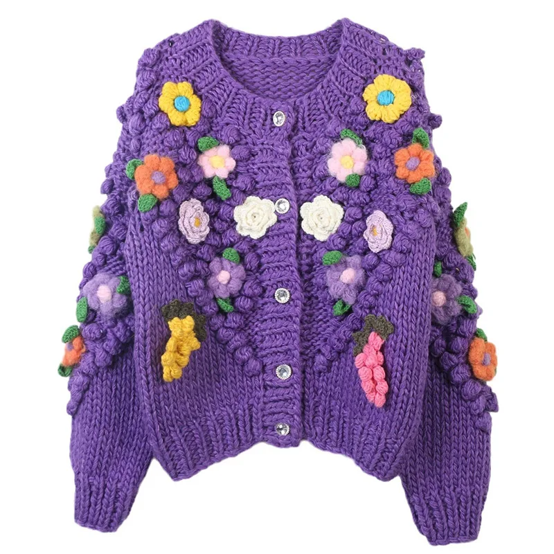 

Fall/Winter 2023 New Women Round Neck Long Sleeve Warm Flower Splicing Twist Sweater Loose Thick Knitted Cardigan Jacket