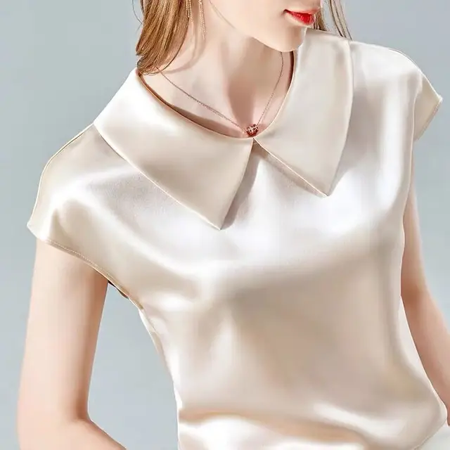 camisas de mujer elegant Ice silk Shirt plus size artificial silk tops Acetate satin Blouse Doll Collar White Girlish blouse 3