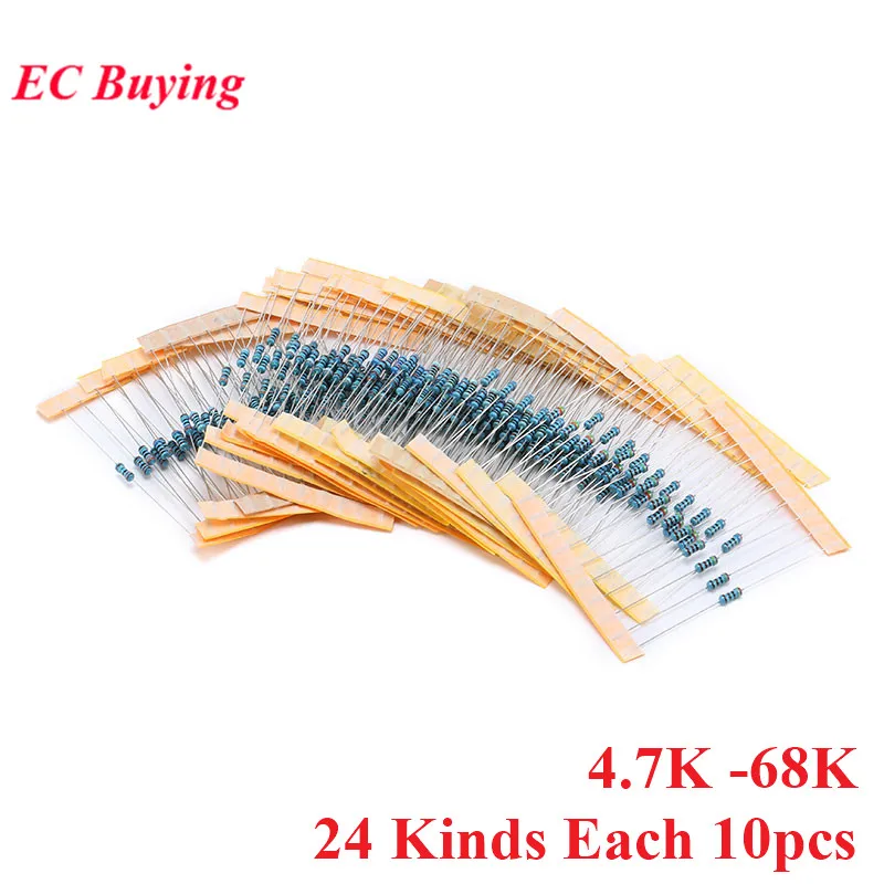 240Pcs 4.7K -68K Ohm 1/4W Resistenza 5% Kit Di Assortimento Di Resistenza A Film Metallico Set 24 Tipi Ciascuno 10 Pezzi