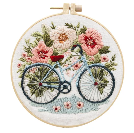 Flower and bike embroidery kit with 15cm hoop simple three-dimensional embroider Ribbon set DIY needlework craft supplies