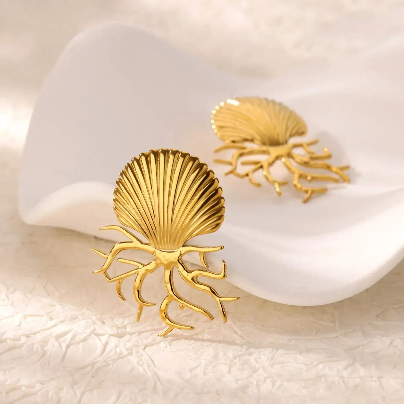 Exaggerated Shell Earrings Gold Color Stainless Steel