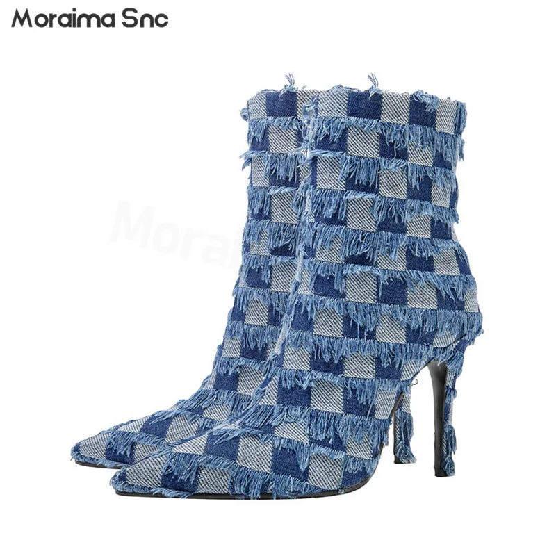 

Denim Blue Autumn Short Boots Pointed Toe Stiletto Heels Large Size Sexy Boots Retro Casual Large Size Fashionable Women's Boots