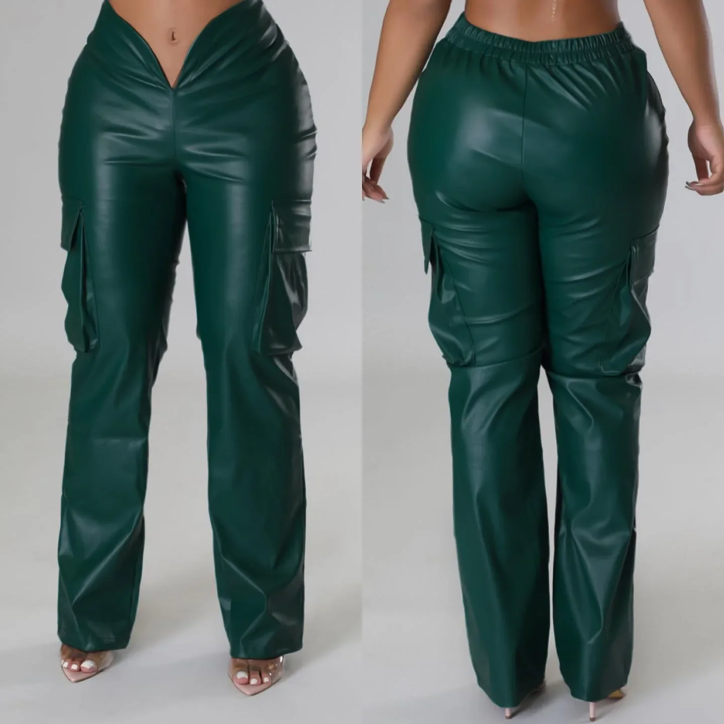 2023 Autumn Fashion Winter Solid Color Sexy V Waist PU Leather Pants Casual Streetwear Women Stretch Pocket Side Wide Leg Pants