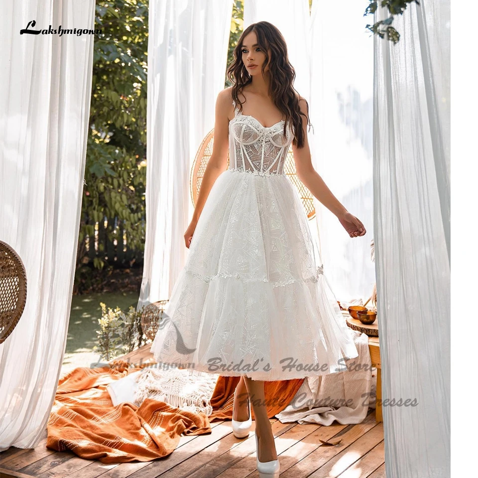 

Lakshmigown Sparkly Short Wedding Dresses Beach Summer 2024 Vestidos De Novia Boda Civil Bridal Gowns Corset Lace Up Back