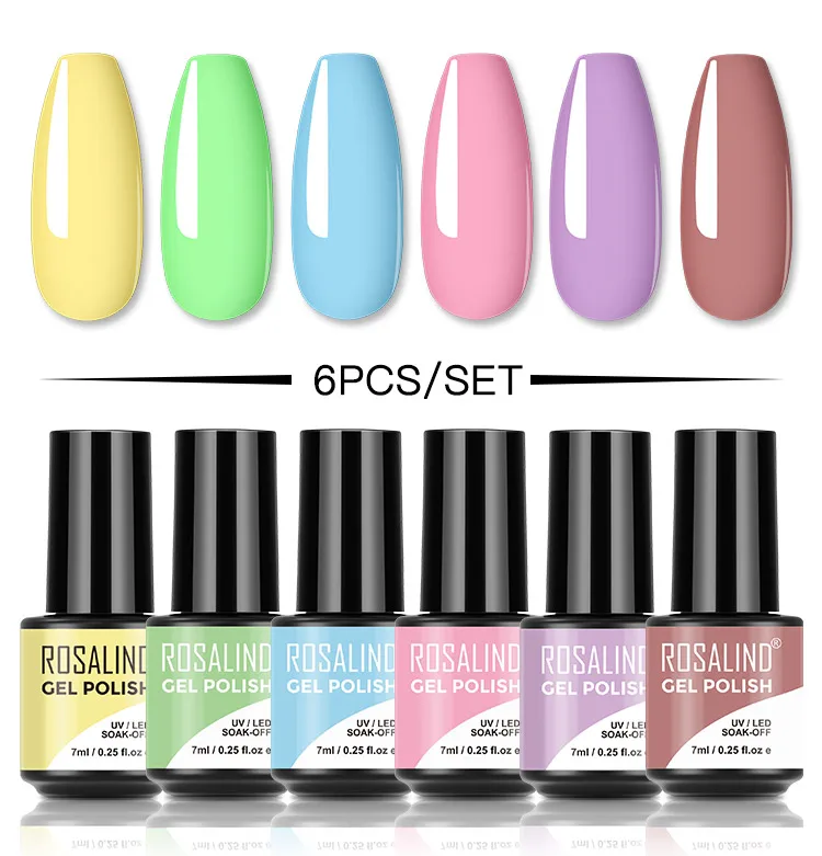 

ROSALIND Mini Gel Nail Polish Set Hybrid Varnish Glitter Semi Permanent Soak Off Nail Polish Base Top Coat Need UV Light Cure