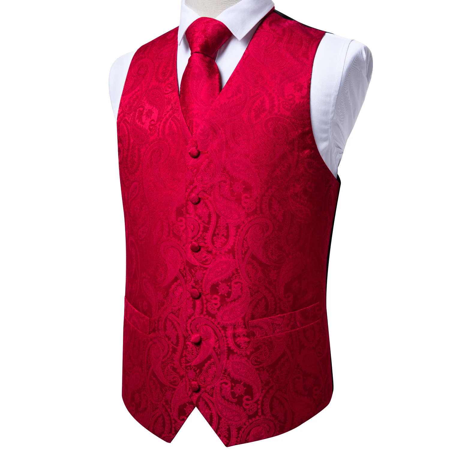 Wedding Red Paisley Vest for Man Groom Luxury Business Tie Bowtie Pocket Square Cufflinks Set Party Sleeveless Dress Waistcoat 3