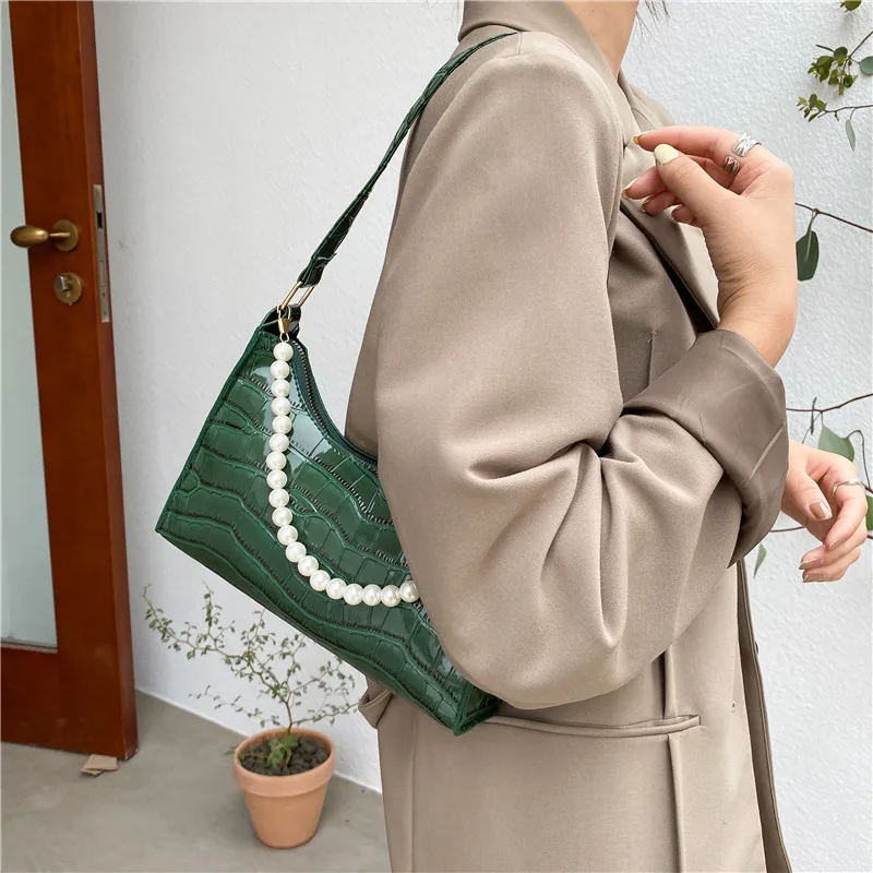 Armpit Bag Women Retro Handbag PU Leather Underarm Shoulder Bag Fashion Pearl Top Handle Female Small Subaxillary Clutch