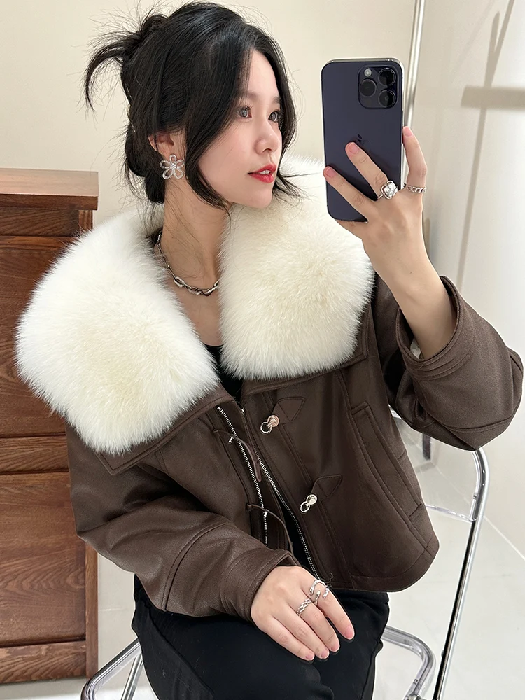 

Goose Down Liner Big Fur Collar Fox Fur Coat Women's Winter Coat Motorcycle Clothing