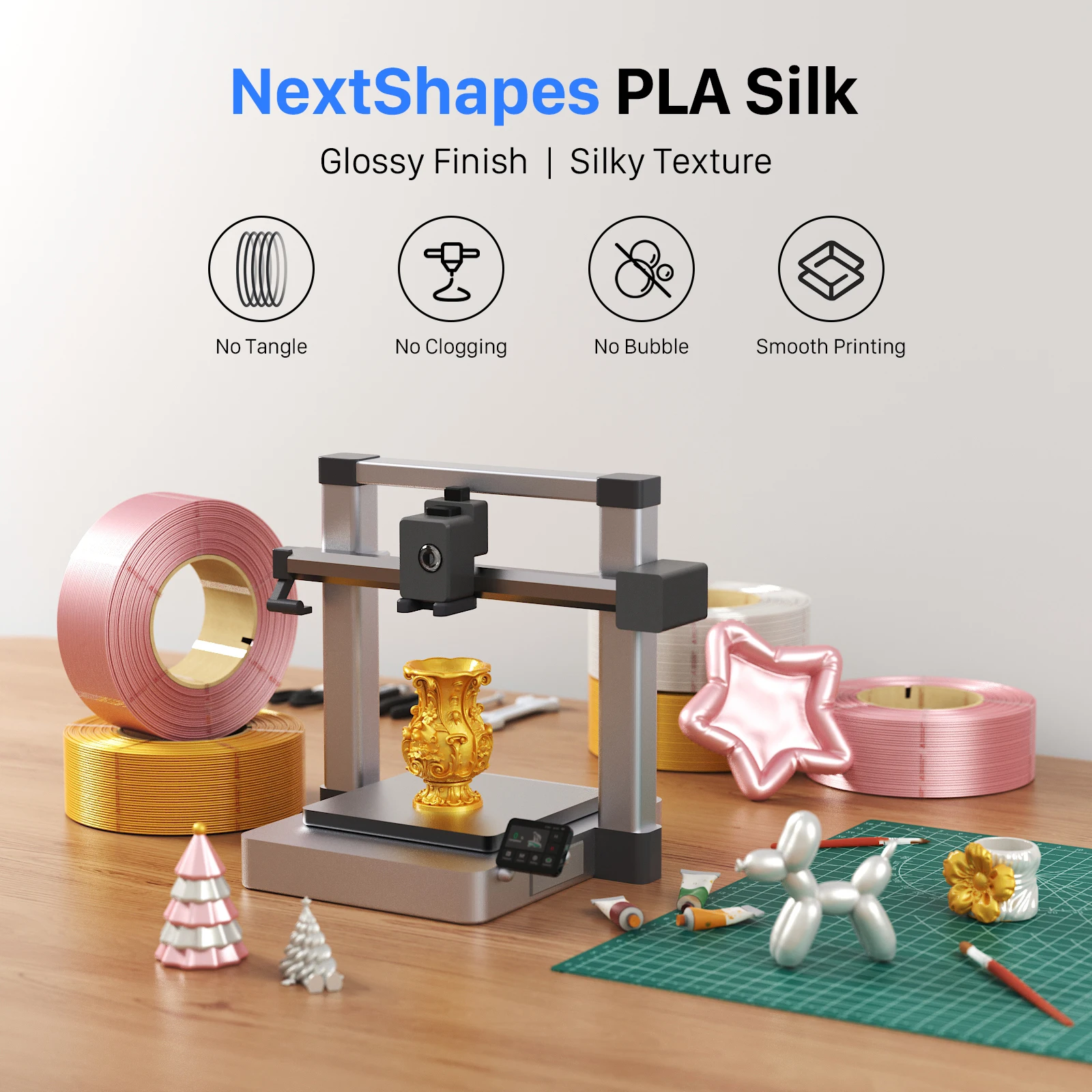 NextShapes PLA 실크 3D 프린터 필라멘트 1 Kg 1.75mm 진공 포장된 친환경 제품 기포 없이 엉킴 없이 사용 가능