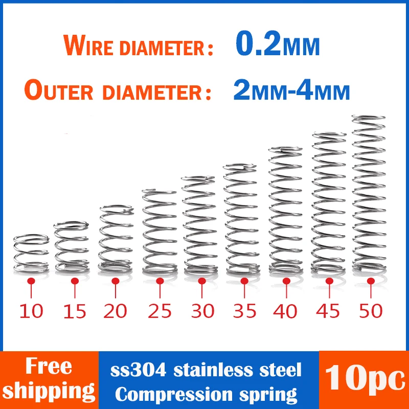 10pcs/lot 304 Stainless steel Compression spring steel Silk diameter 0.2 mm Coil spring OD 2MM-4MM Length 5mm to 50mm SPRINGS