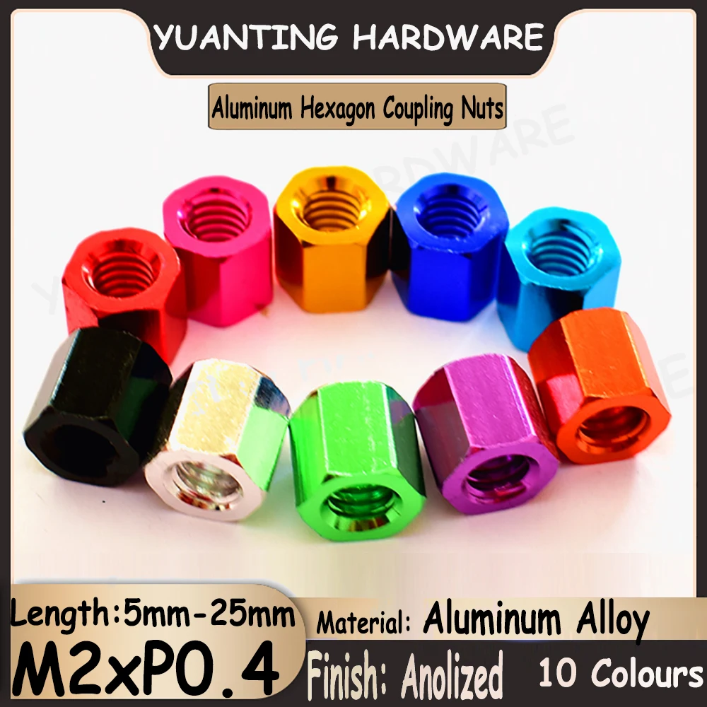 

10Pcs M2 Colorful Aluminum Extended Lengthen Hexagon Coupling Nut Connector Joint Sleeve Nuts Coarse Thread Through Hole