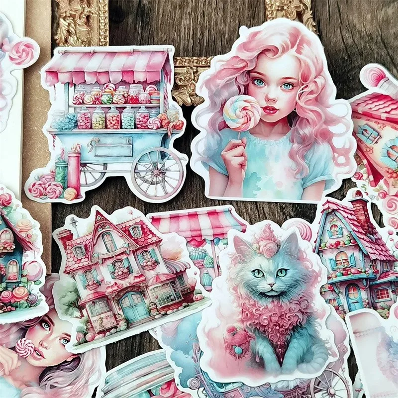 Niedliche handgemalte Aquarell rosa Süßigkeiten Haus Mädchen Mode bunte Dekoration Aufkleber zu DIY Ablum Tagebuch Aufkleber Briefpapier