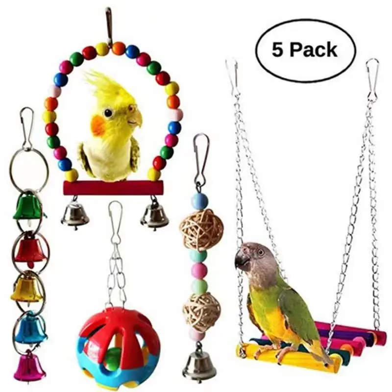 

Bird Cage Toys For Parrots Reliable Chewable Swing Hanging Wooden Beads Ball Bell Toys Pet Cage Accessories 5/ 6 /10Pcs/Set New