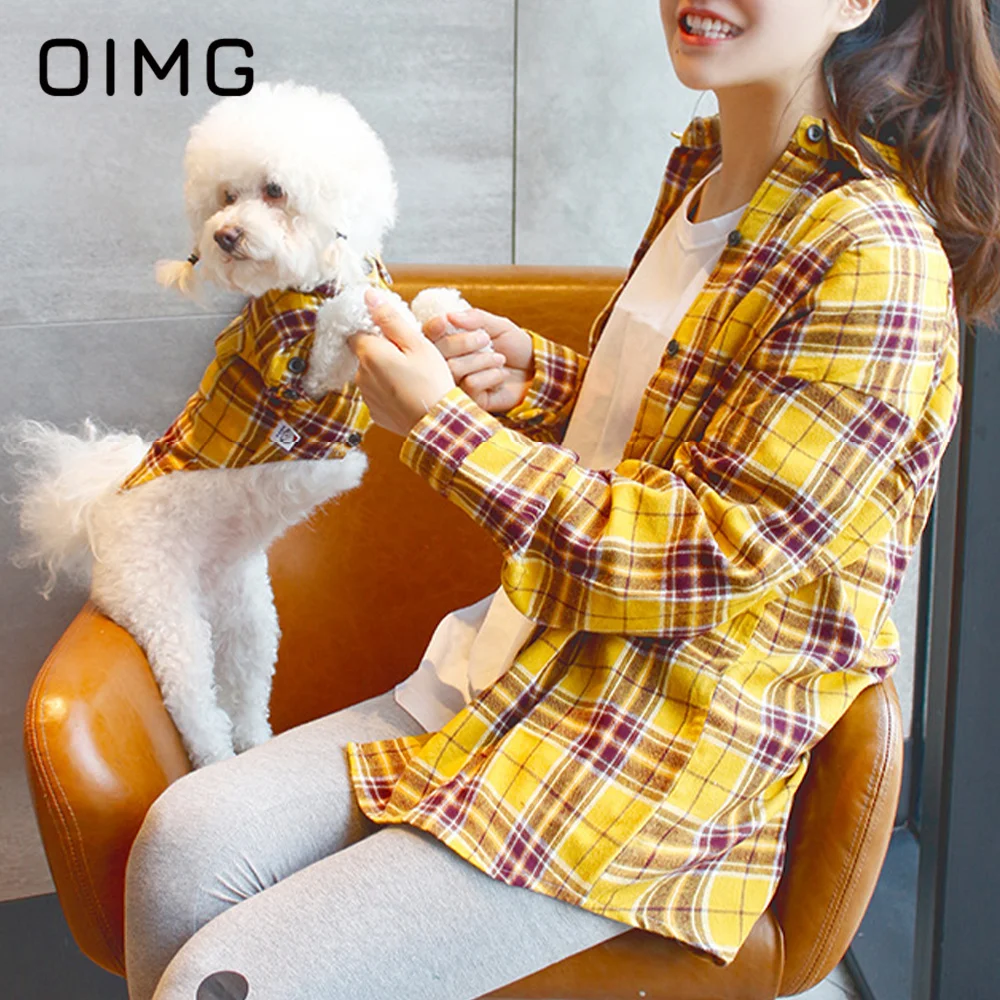 OIMG Spring Summer Thin Pet Parent-child Outfit Schnauzer Bichon Yellow Plaid Small Medium Dog Shirt Pet and Owner's Clothes