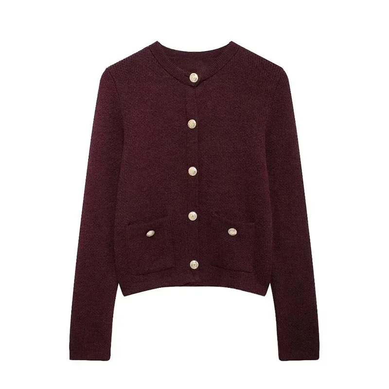 Autumn Knit Burgundy Women's Cardigans O-neck Single-breasted Long Sleeve Pocket Top Autumn Winter Lady All-match Knitwear