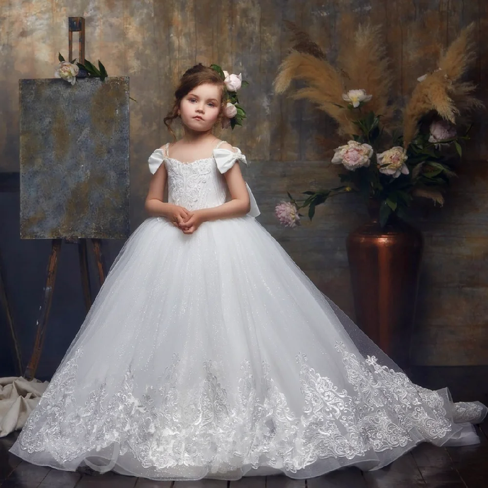 

Delicate Tulle Lace Printing White Angel Flower Girl Dress Princess Ball Pageant First Communion Kids Surprise Birthday Present