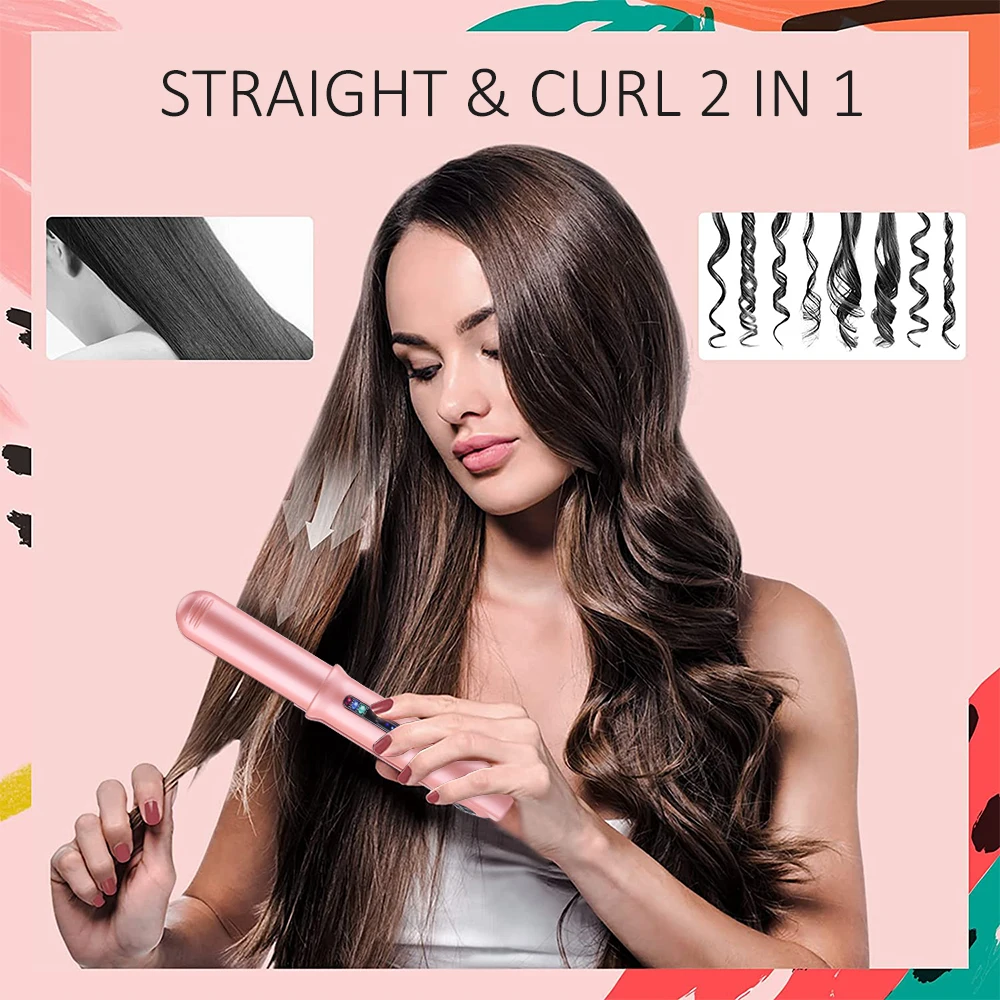 

2 IN 1 Rotat Ceramic Hair USB Rechargeable Hair Curling Iron LCD Display Cordless Hair Straightener Hair Wave Styling Tools