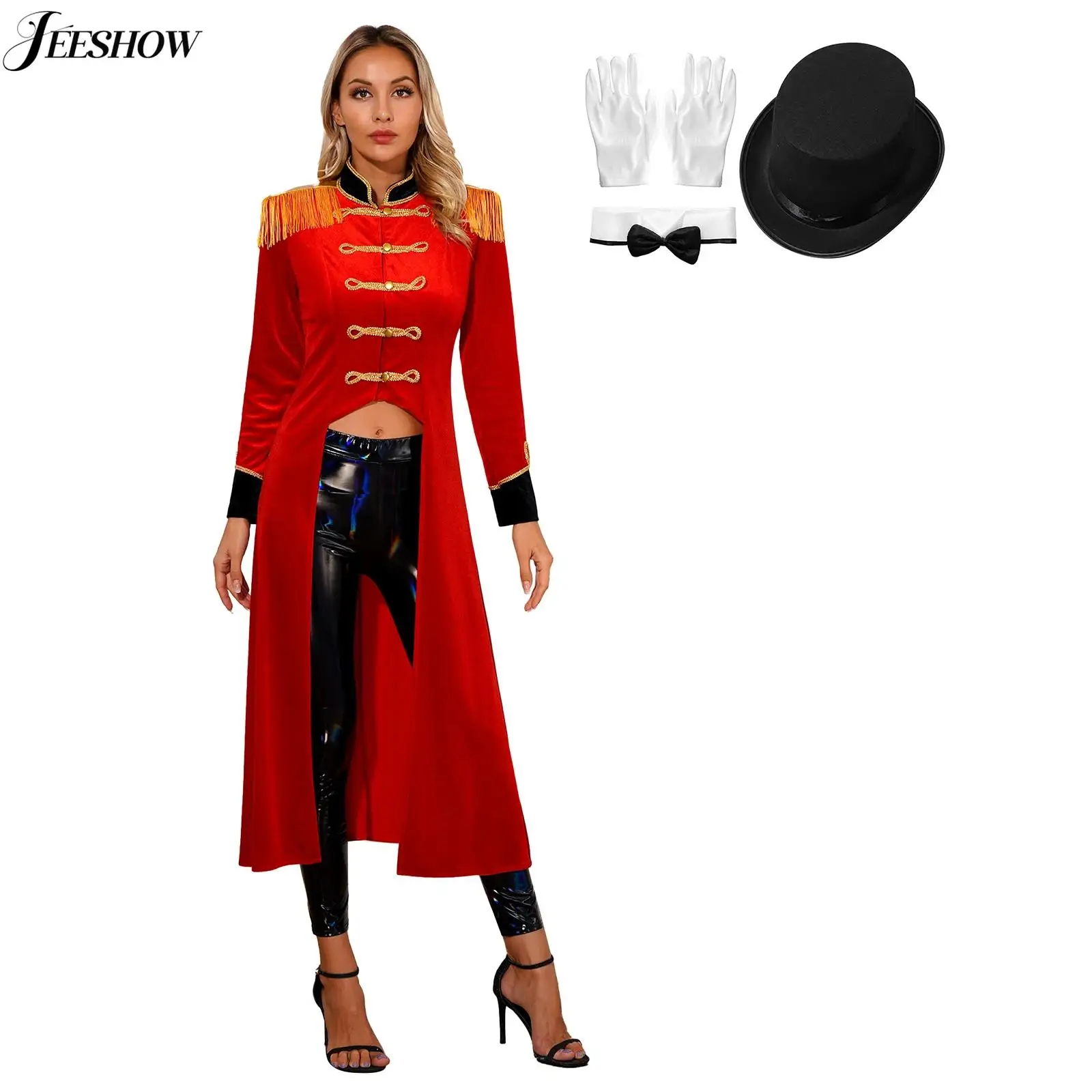 Womens Circus Ringmaster Costume Outfit Velluto Tailcoat Giacche Magic Show Showman Costume Halloween Cosplay Party Fancy Dress