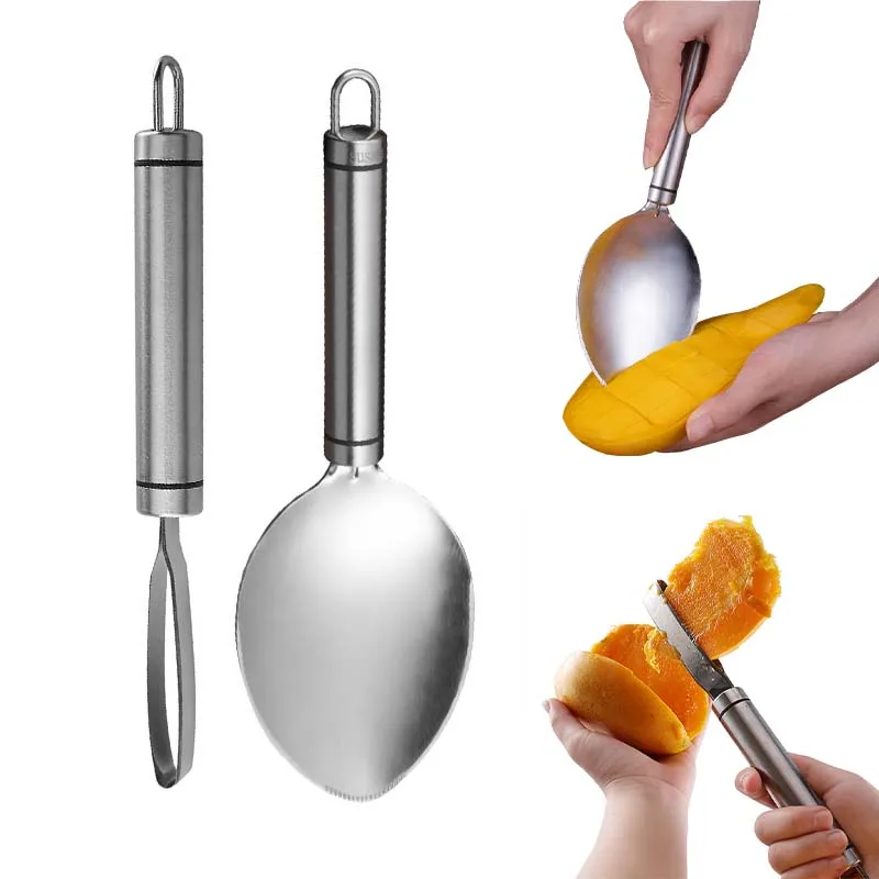 Stainless Steel Mango Slicer Peeler Mango Splitter Fruit Watermelon Cutter Knife Spoon Mango Coring Diced Kitchen Gadget