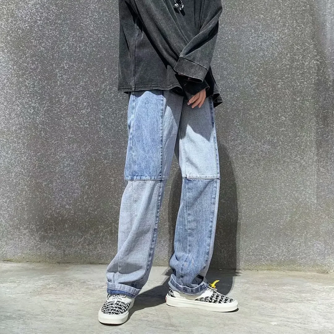 Men Wash Splice Casual Straight Beggar Patch Patchwork Jeans Trousers Male Fashion Streetwear Harajuku Loose Hip Hop Denim Pants