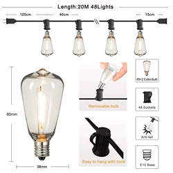 Durable Outdoor Waterproof LED String Lights - Dimmable Shatterproof Garden & Patio Decor - 1W Bulb (20m 48sockets)